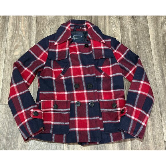 AMERICAN EAGLE PLAID WOOL FLANNEL JACKET WOMENS M POCKETS COAT NAVY RED PREPPY - Picture 1 of 10